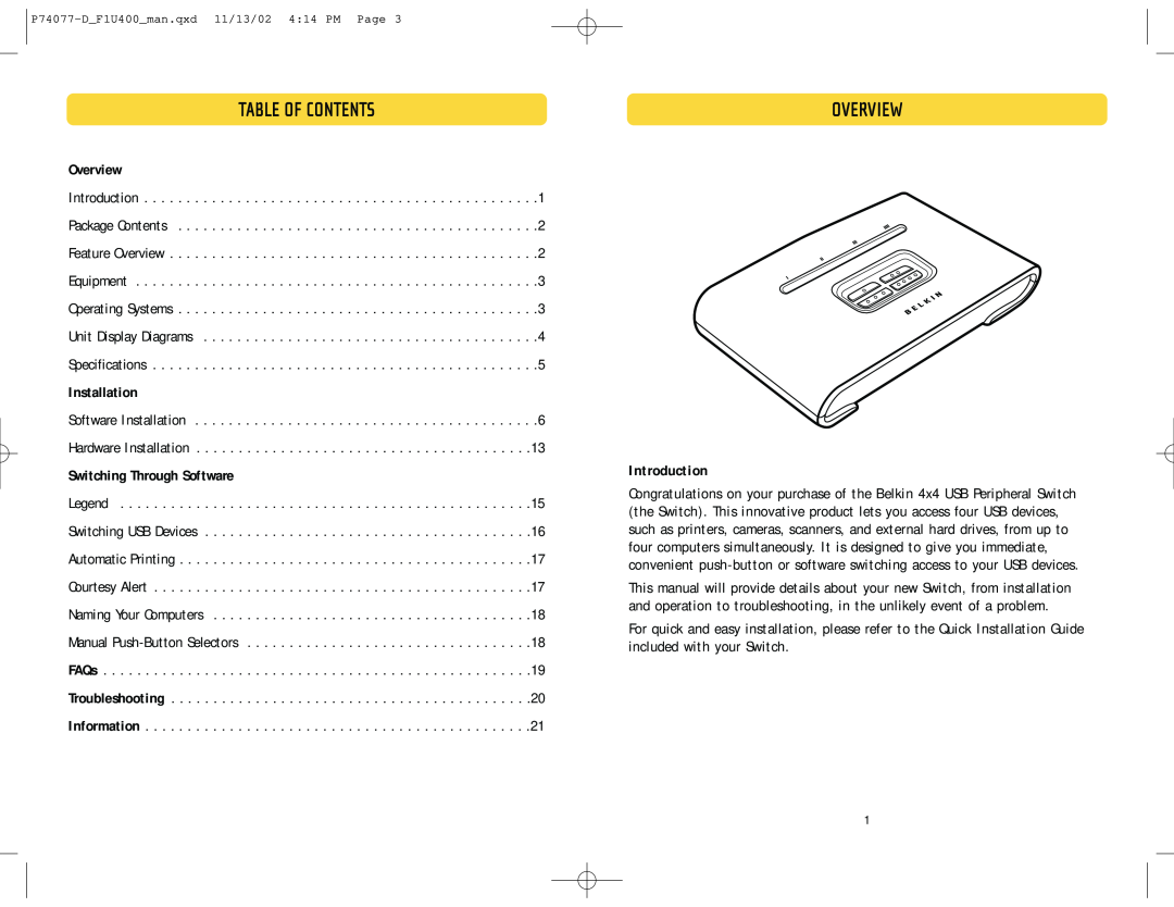 Belkin F1U400 user manual Table Of Contents, Overview, Installation, Switching Through Software, Introduction 