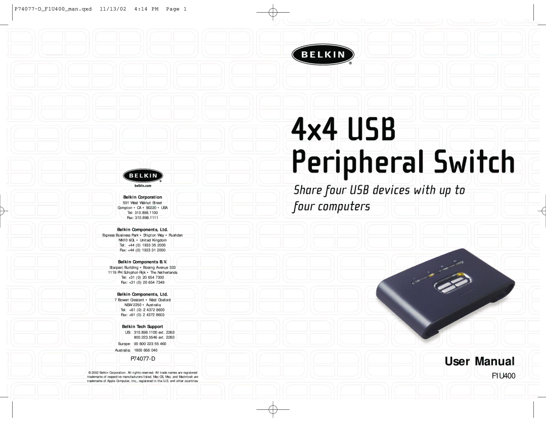 Belkin F1U400 user manual 4x4 USB 