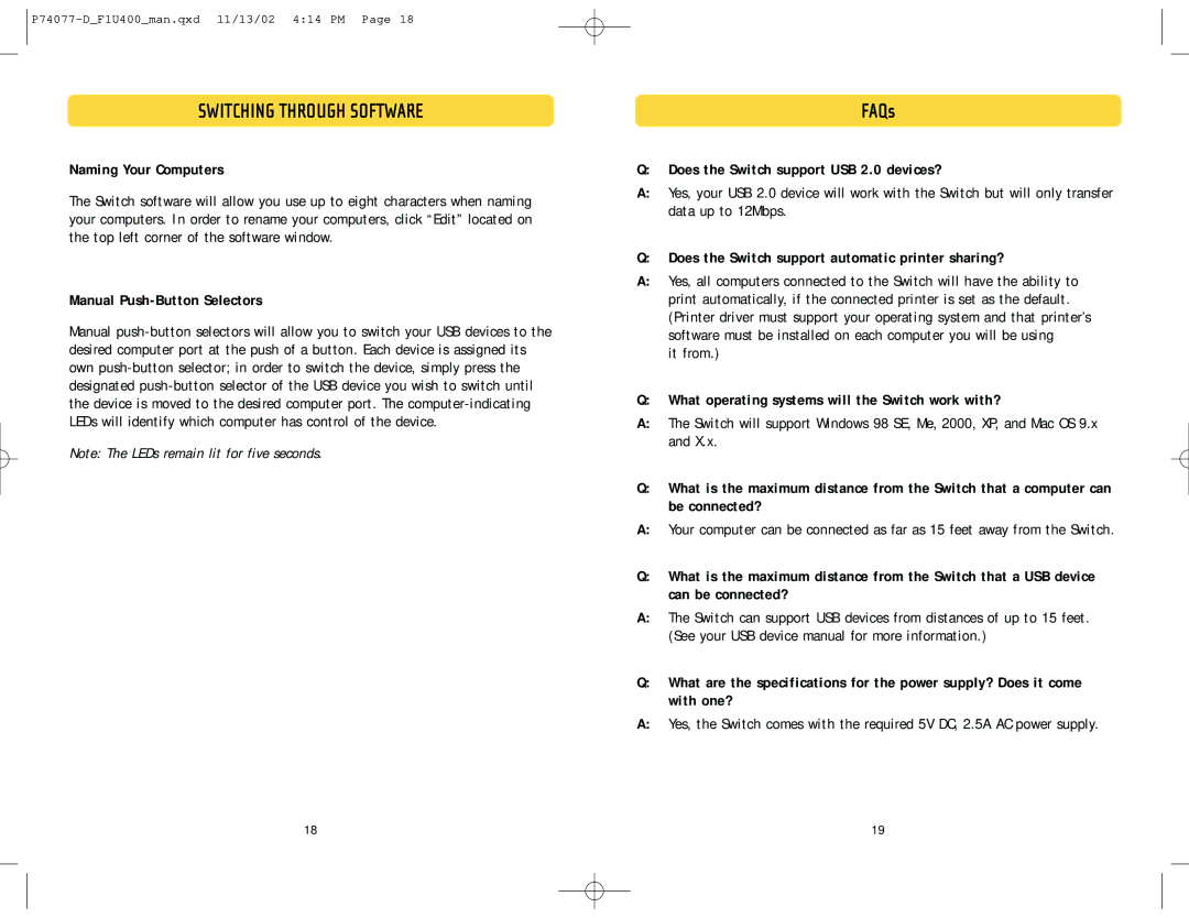 Belkin F1U400 user manual Naming Your Computers, Manual Push-Button Selectors, Does the Switch support USB 2.0 devices? 