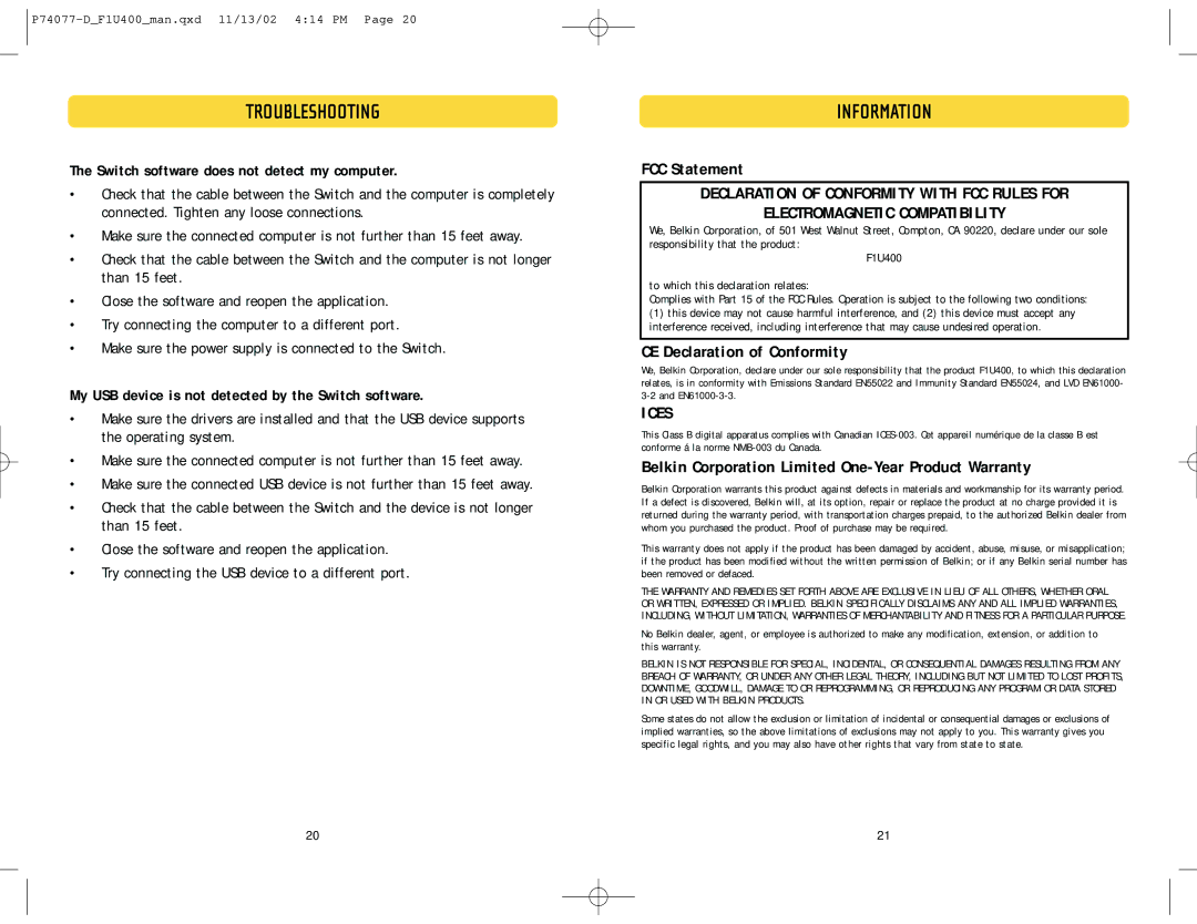 Belkin F1U400 user manual Troubleshooting, Information, Switch software does not detect my computer 