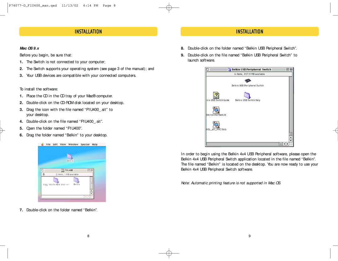 Belkin F1U400 user manual Mac OS 