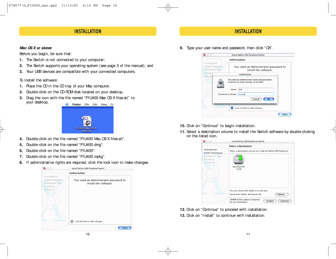 Belkin F1U400 user manual Mac OS X or above 