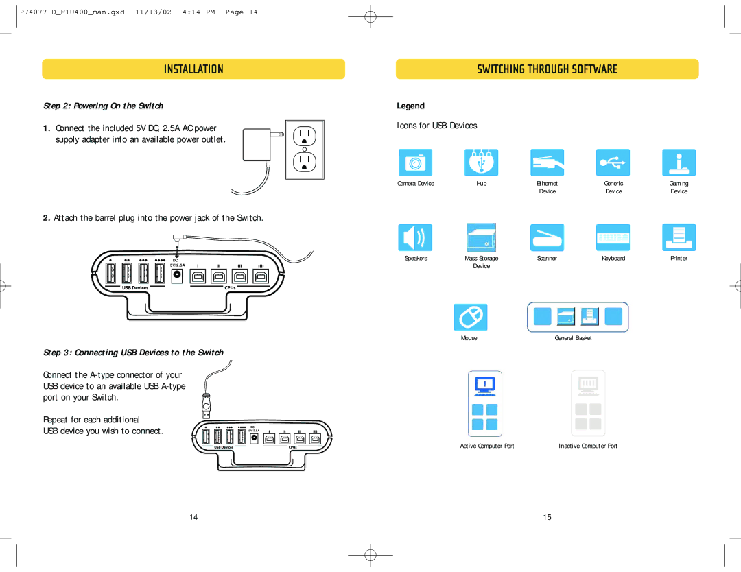 Belkin F1U400 user manual Switching Through Software, Powering On the Switch, Connecting USB Devices to the Switch 