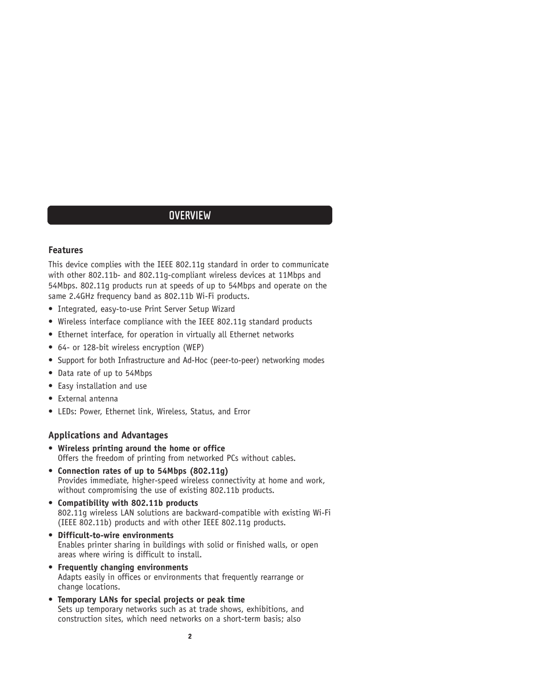 Belkin F1UP0001 user manual Overview, Features, Applications and Advantages, Wireless printing around the home or office 