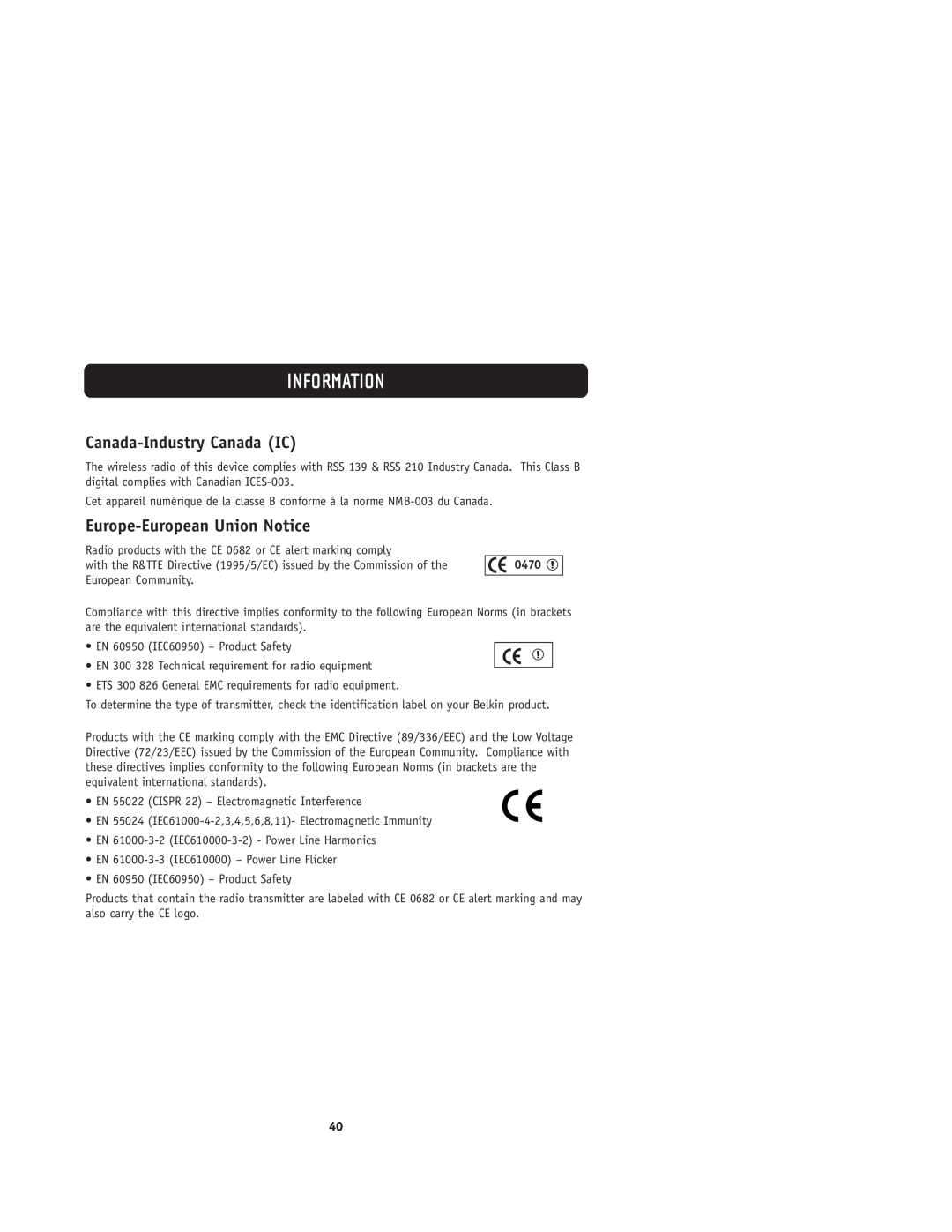 Belkin F1UP0001 user manual Canada-Industry Canada IC, Europe-European Union Notice, Information, 0470 