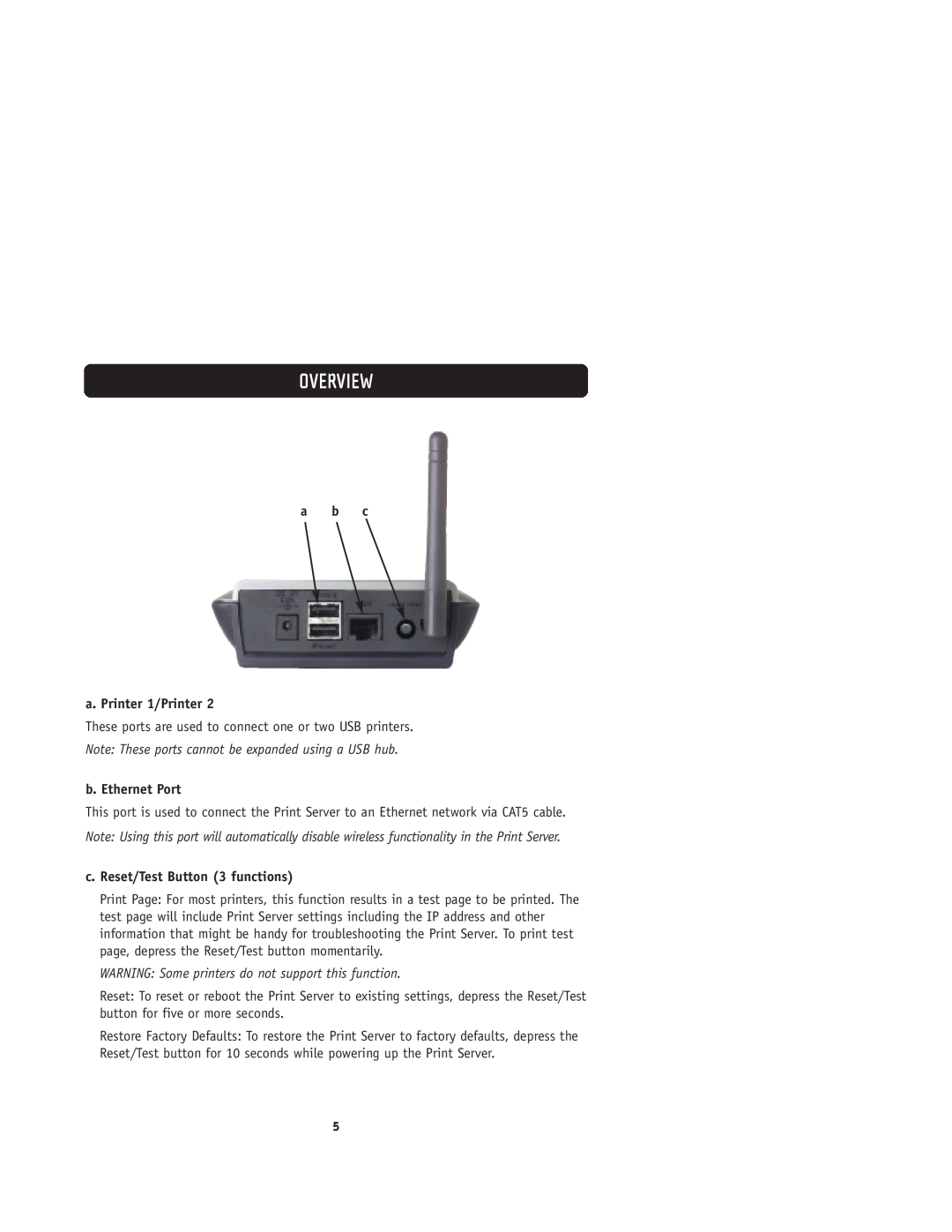 Belkin F1UP0001 user manual Overview, a b c a. Printer 1/Printer, Note These ports cannot be expanded using a USB hub 