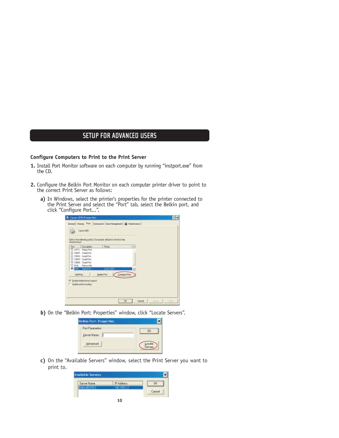 Belkin F1UP0001 user manual Configure Computers to Print to the Print Server 