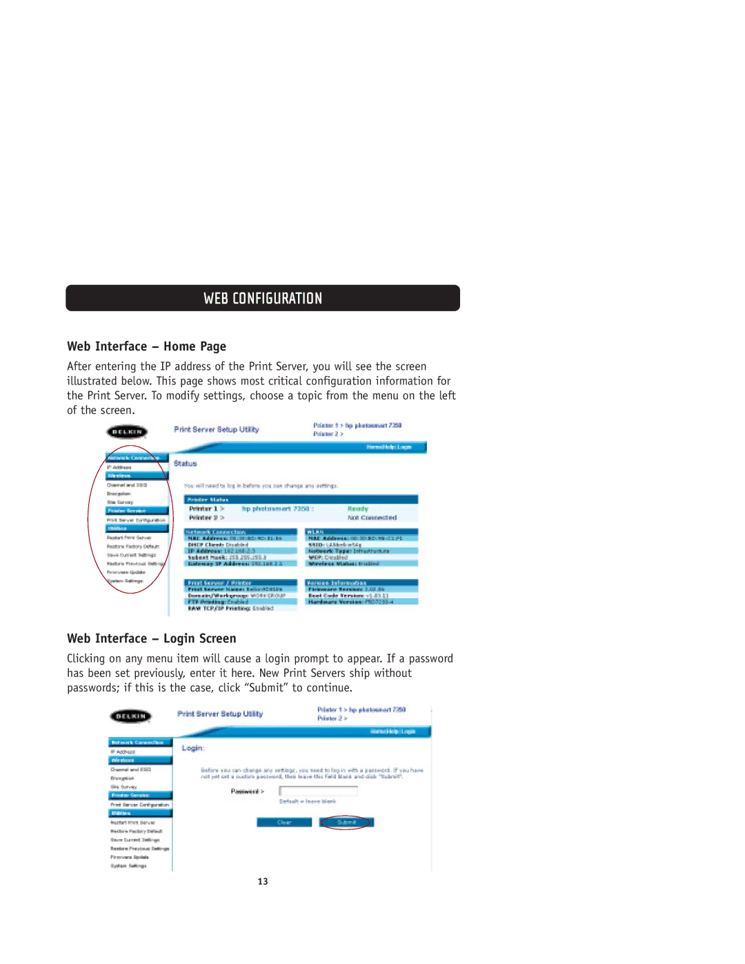 Belkin F1UP0001 user manual Web Interface Home, Web Interface Login Screen 