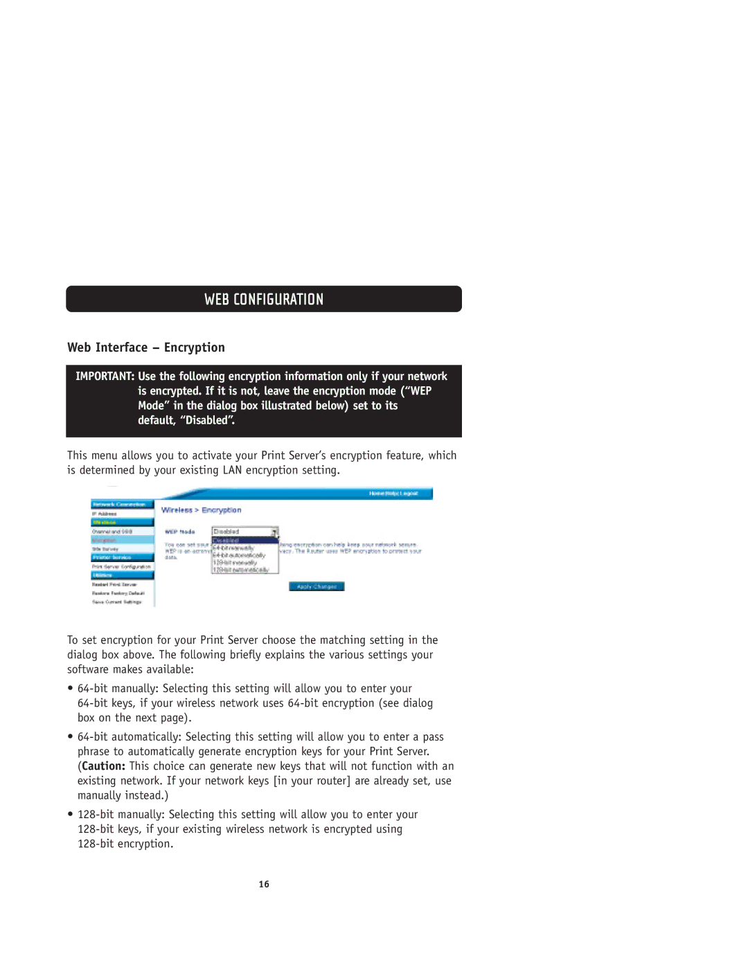 Belkin F1UP0001 user manual Web Interface Encryption 