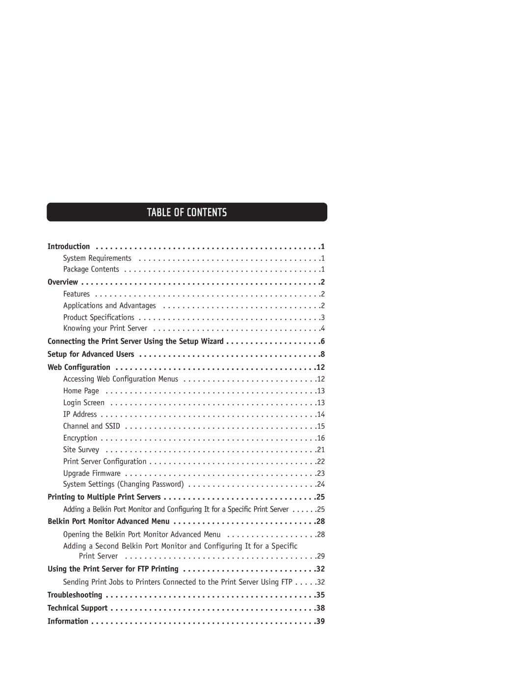 Belkin F1UP0001 user manual Table of Contents 