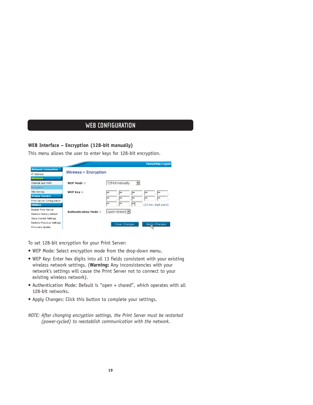 Belkin F1UP0001 user manual WEB Interface Encryption 128-bit manually 