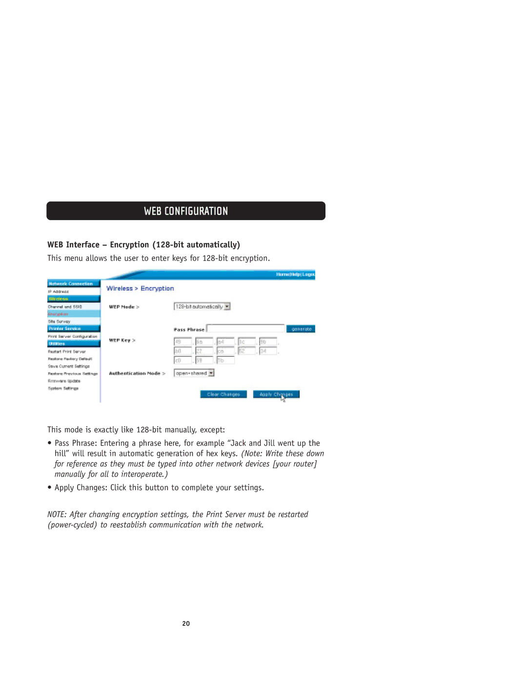 Belkin F1UP0001 user manual WEB Interface Encryption 128-bit automatically 