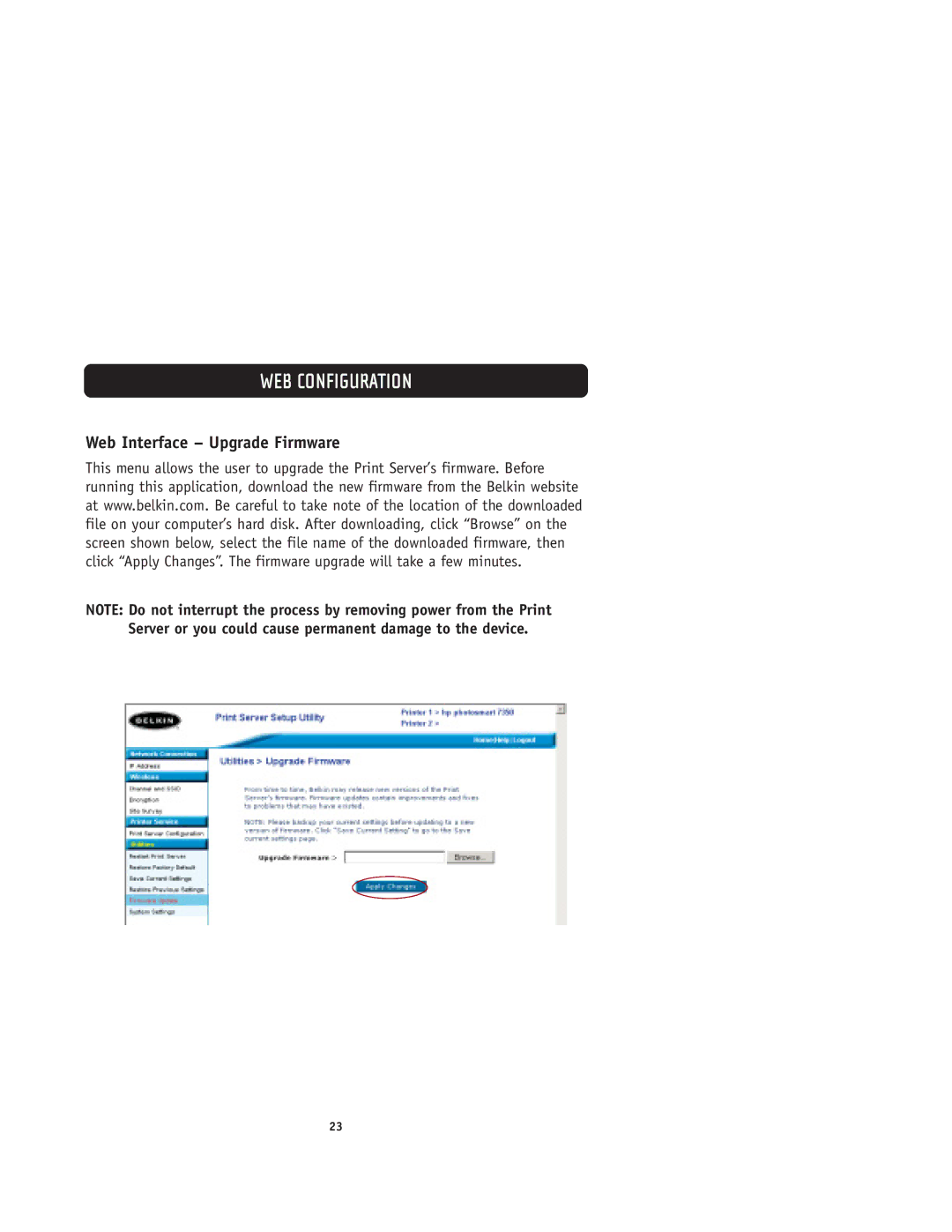 Belkin F1UP0001 user manual Web Interface Upgrade Firmware 