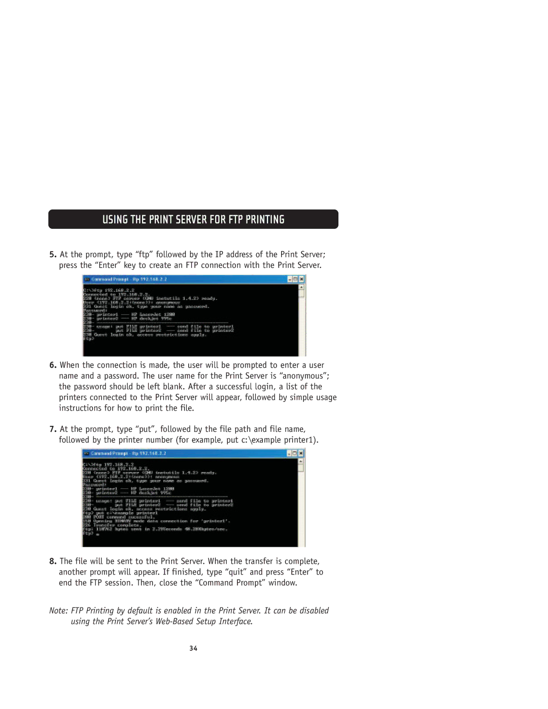 Belkin F1UP0001 user manual Using the Print Server for FTP Printing 