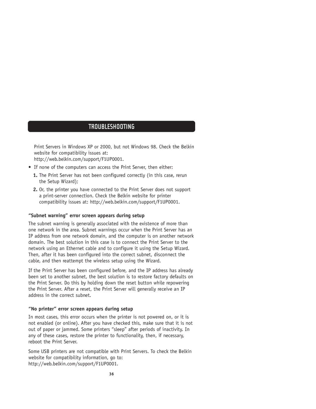 Belkin F1UP0001 user manual Subnet warning error screen appears during setup, No printer error screen appears during setup 