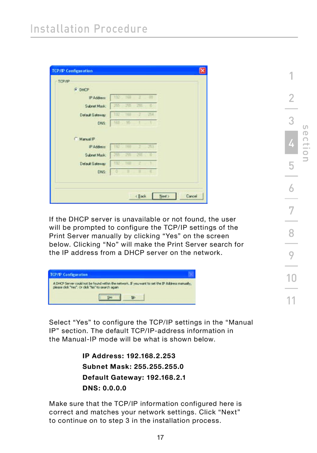 Belkin F1UP002 manual IP Address Subnet Mask Default Gateway DNS 