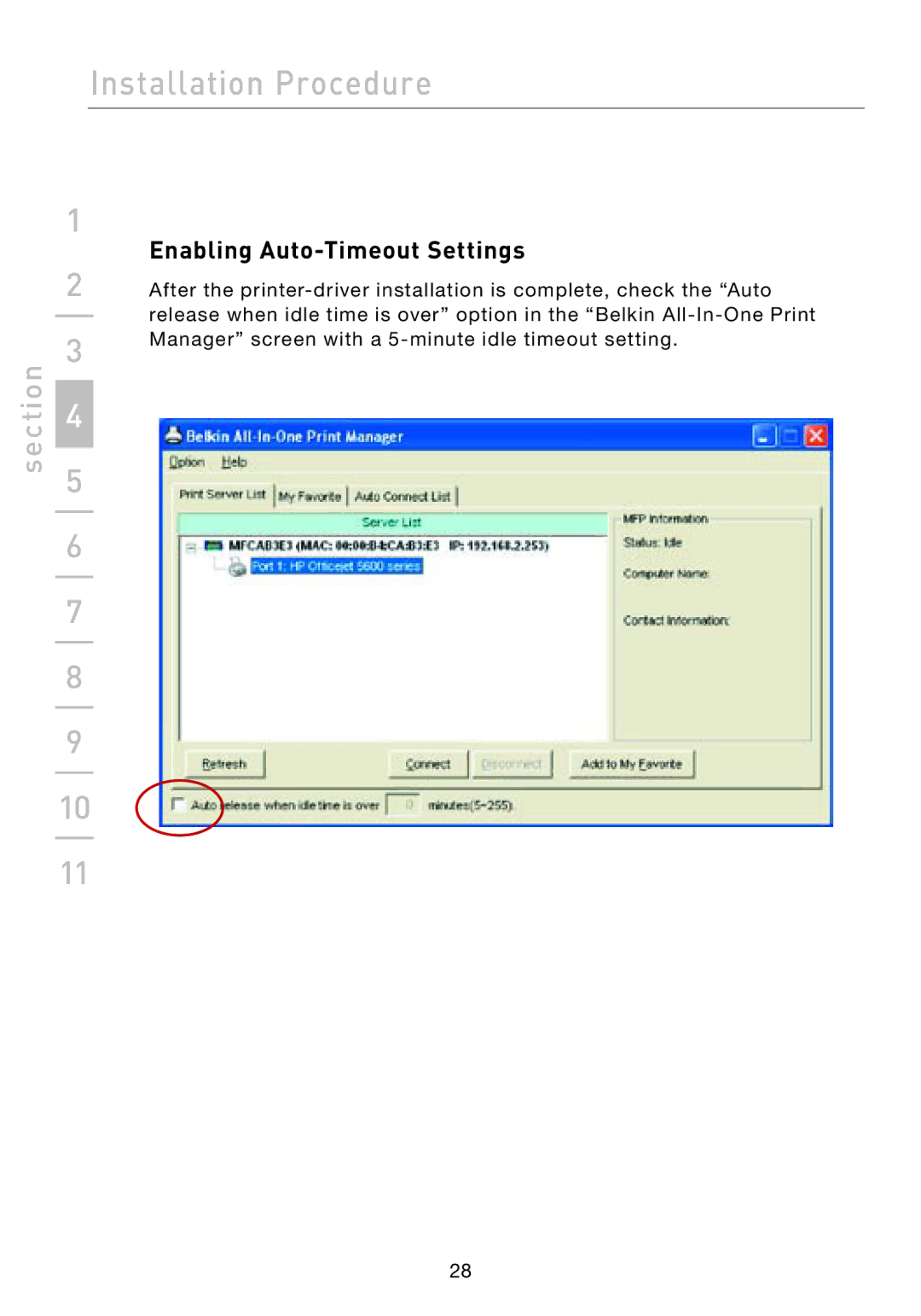 Belkin F1UP002 manual Enabling Auto-Timeout Settings 