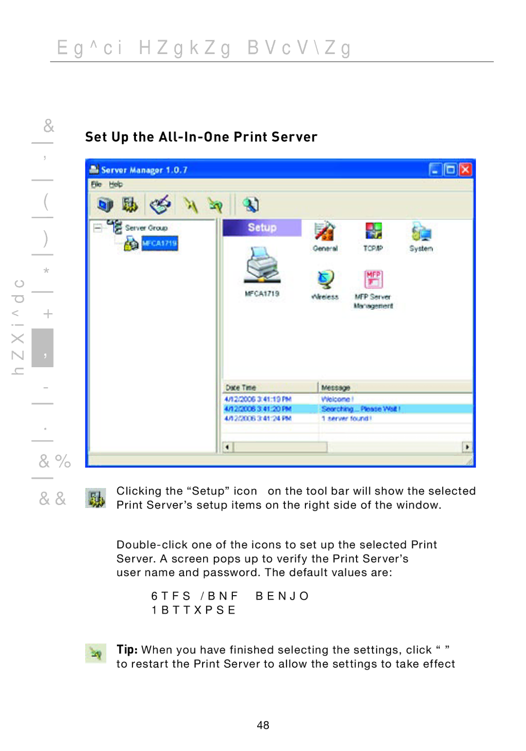 Belkin F1UP002 manual Set Up the All-In-One Print Server, User Name admin Password 