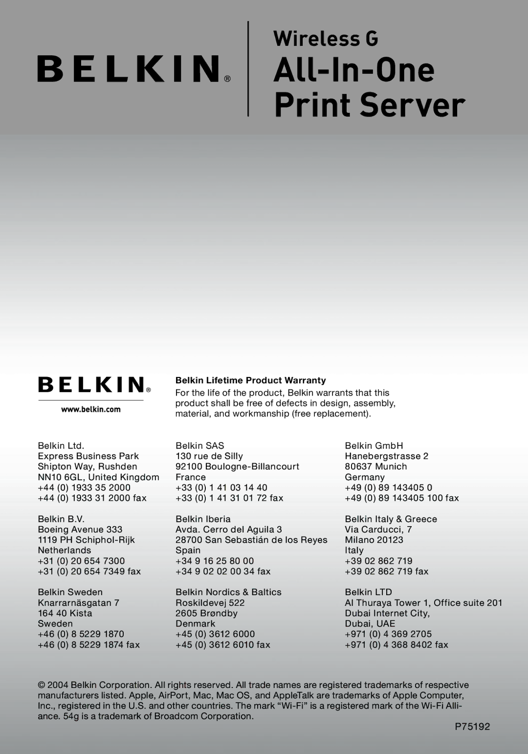 Belkin F1UP002 manual Belkin Lifetime Product Warranty 