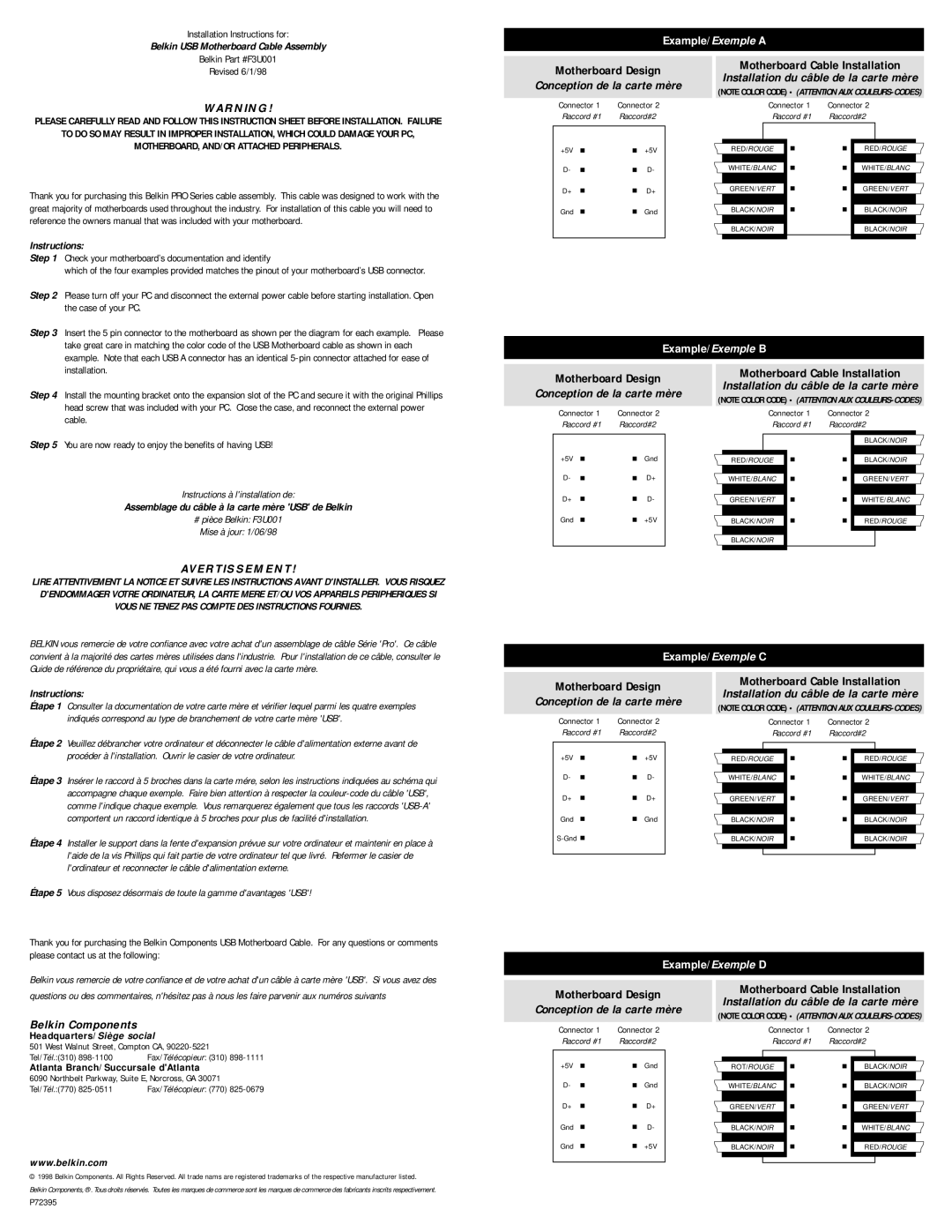 Belkin F3U001 installation instructions Example/Exemple a, Example/Exemple B, Example/Exemple C, Example/Exemple D 