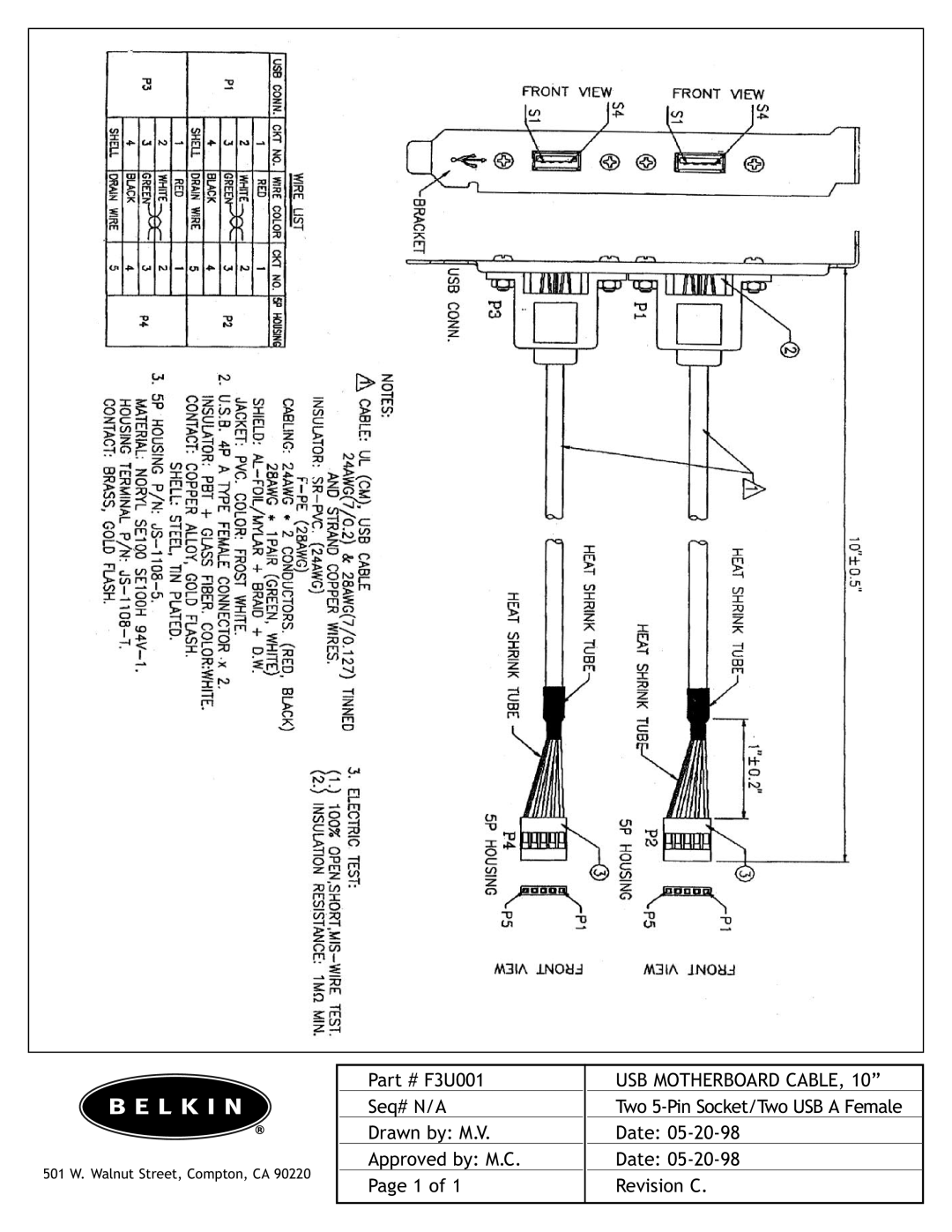 Belkin F3U001 installation instructions USB Motherboard Cable 