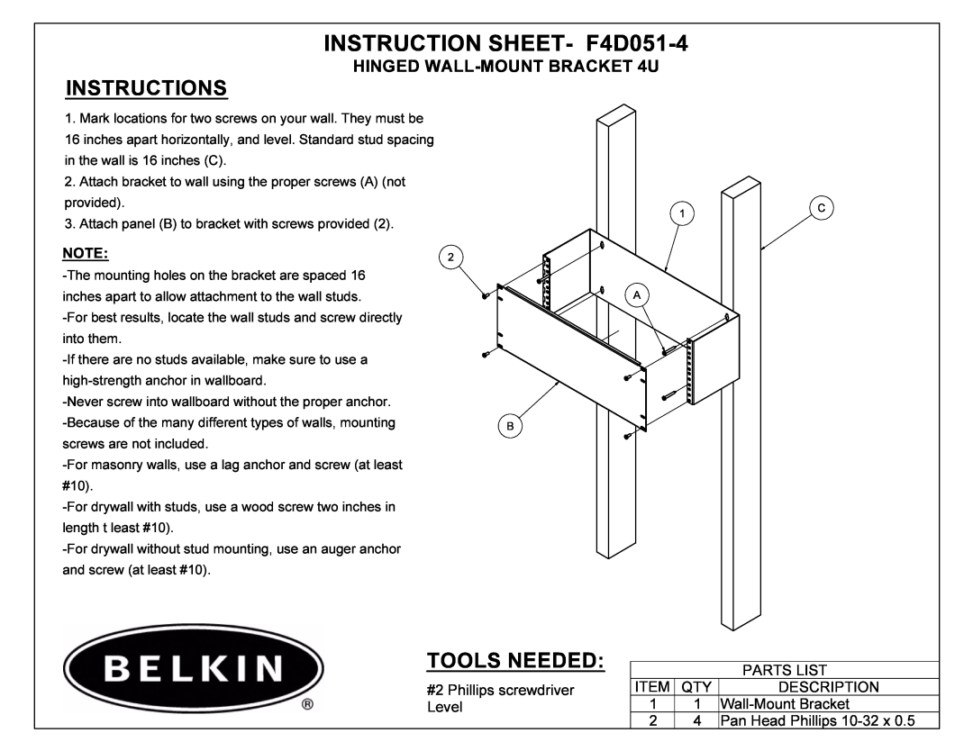 Belkin F4D051-4 manual 16758&7,216+7, 722/61, 16758&7,216 +,1*$//02817%5$&.78, 3$576/,67, 6&5,37,21 