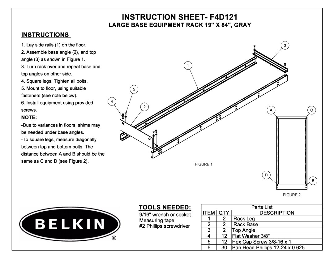 Belkin F4D121 manual 16758&7,216+7, 722/61, $5*%$648,30175$&.*5$, 3DUWV/LVW, 5DFN/HJ, 6&5,37,21, 0HDVXULQJWDSH, Odwdvkhu 