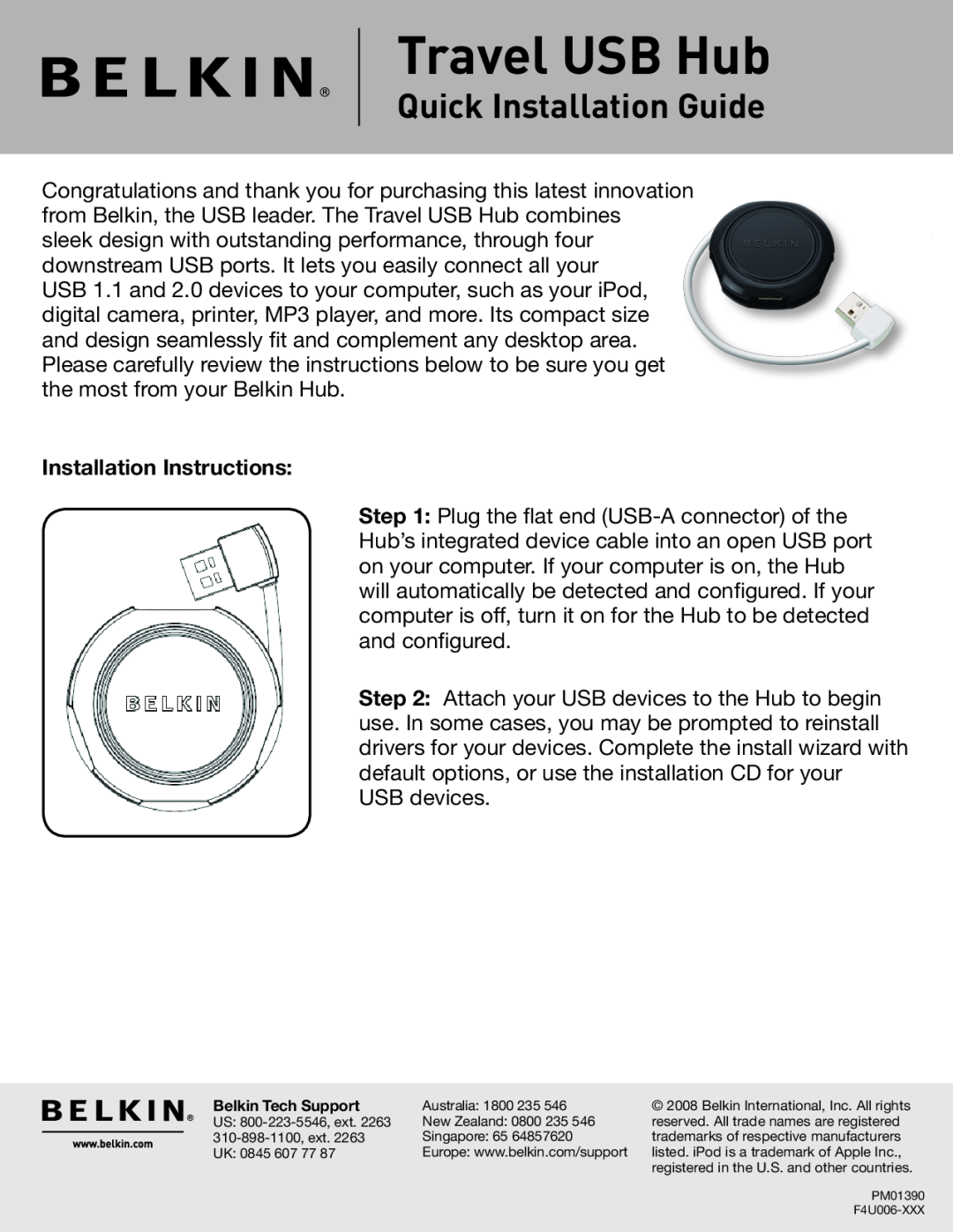 Belkin F4U006 installation instructions Travel USB Hub, Quick Installation Guide, Installation Instructions 