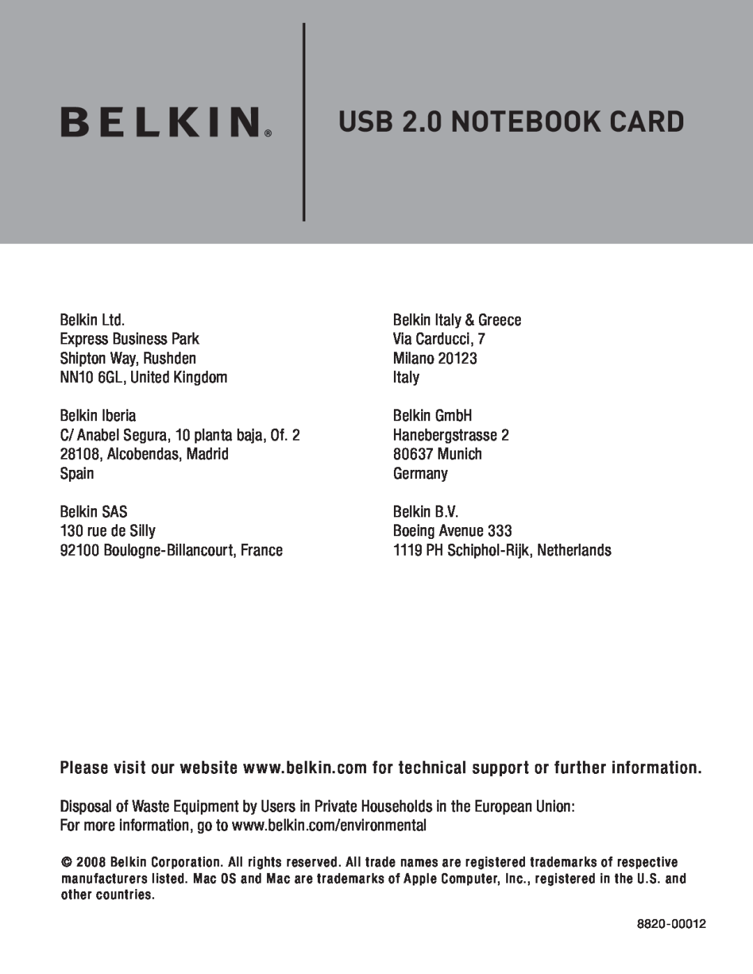 Belkin F4U008 user manual USB 2.0 NOTEBOOK CARD, Belkin Italy & Greece 