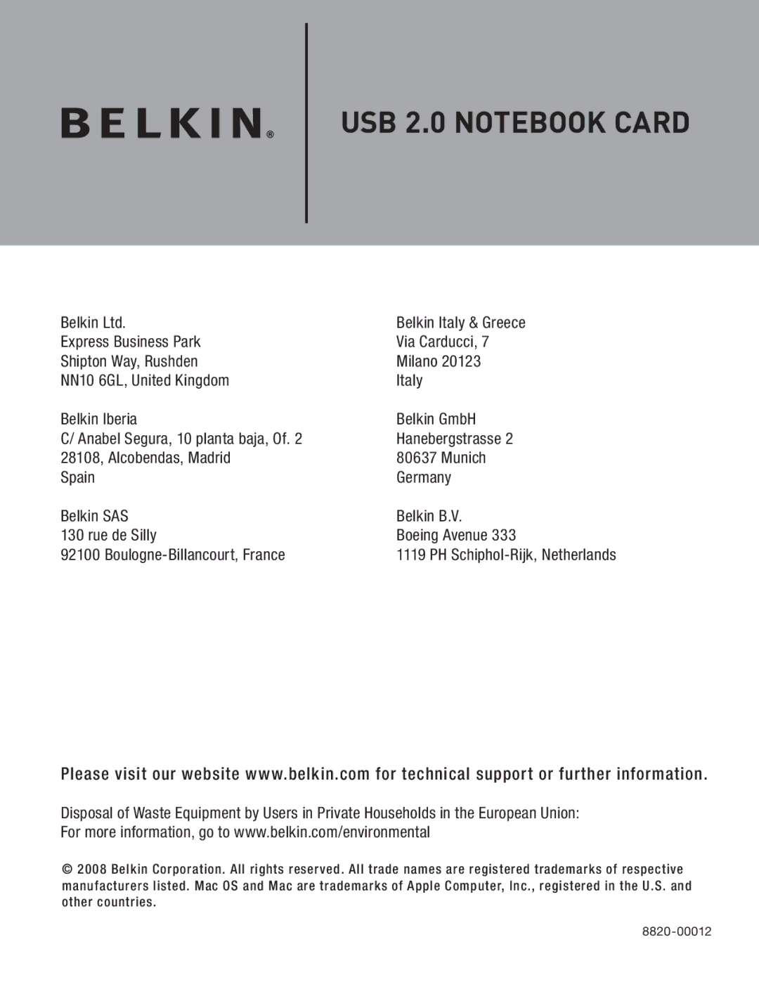 Belkin F4U008 user manual Belkin Italy & Greece 