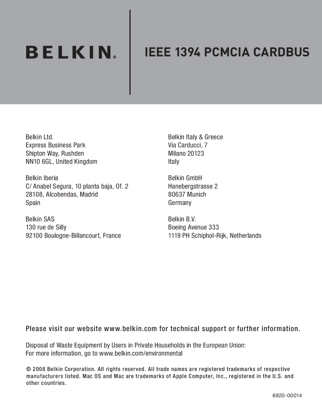 Belkin F4U011 user manual Ieee 1394 Pcmcia Cardbus 