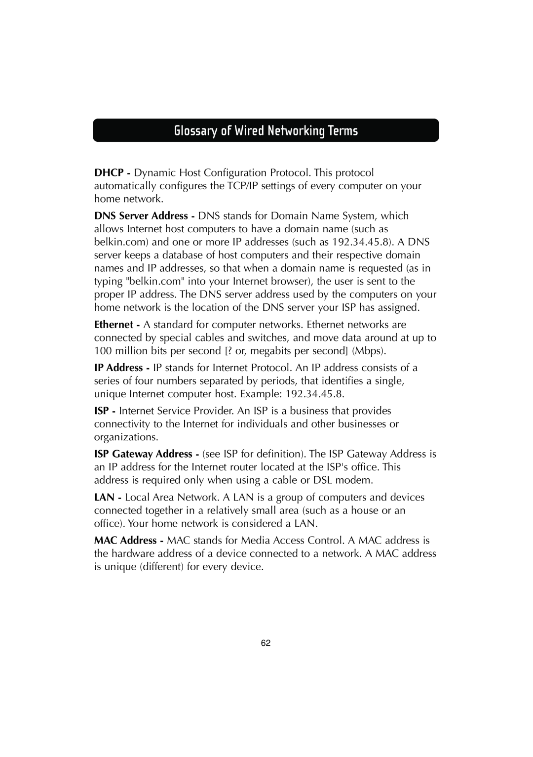 Belkin F506230-3 user manual Glossary of Wired Networking Terms 