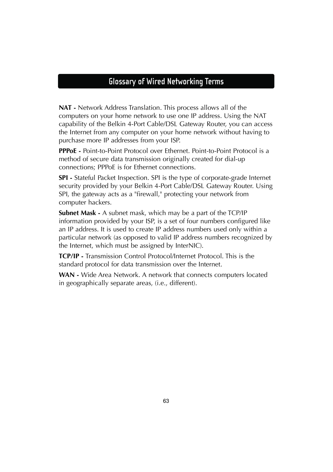 Belkin F506230-3 user manual Glossary of Wired Networking Terms 