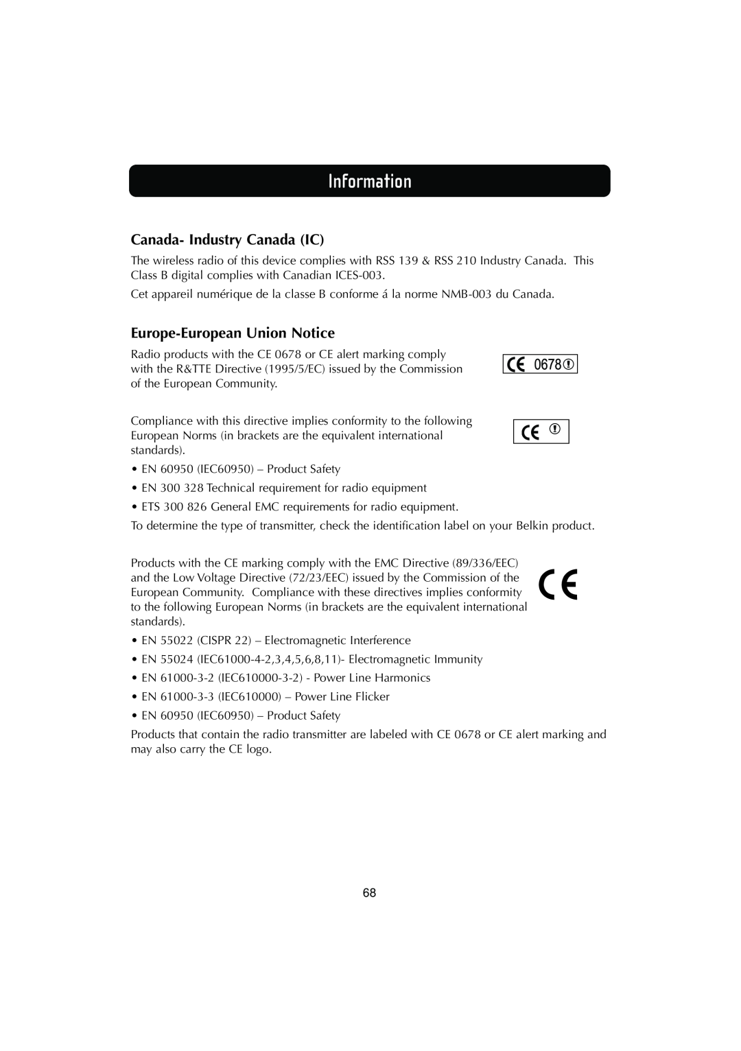 Belkin F506230-3 user manual Information, Canada- Industry Canada IC, Europe-European Union Notice 