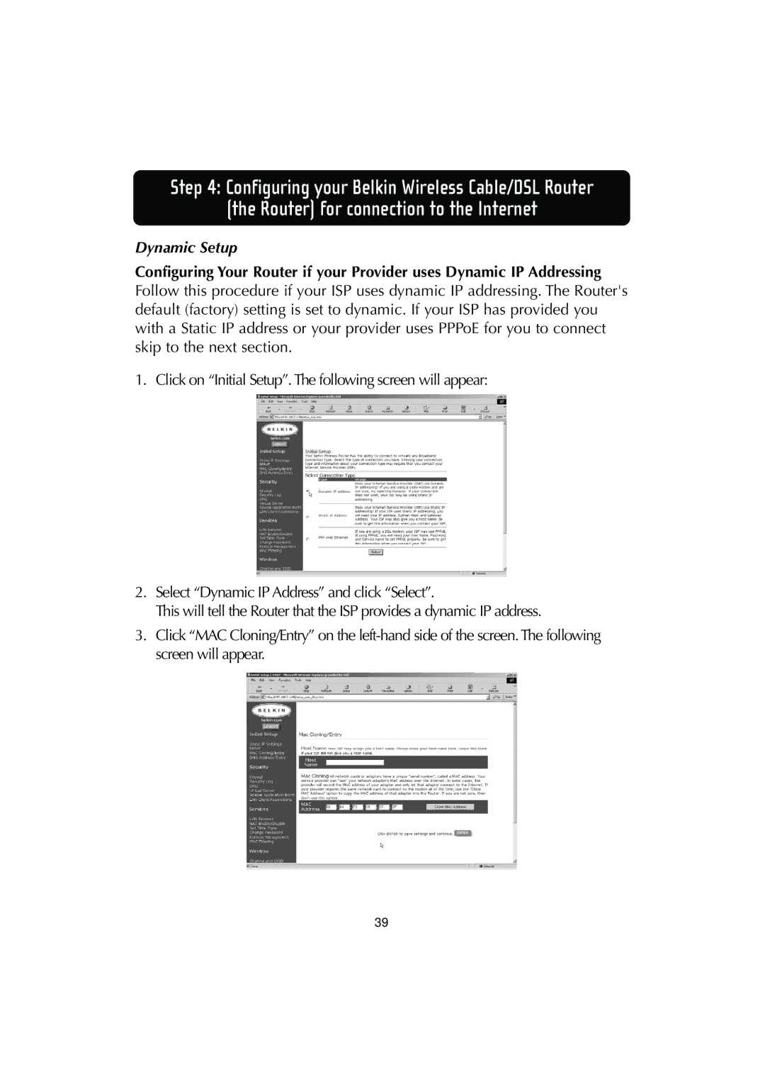 Belkin F506230-3 user manual Dynamic Setup 