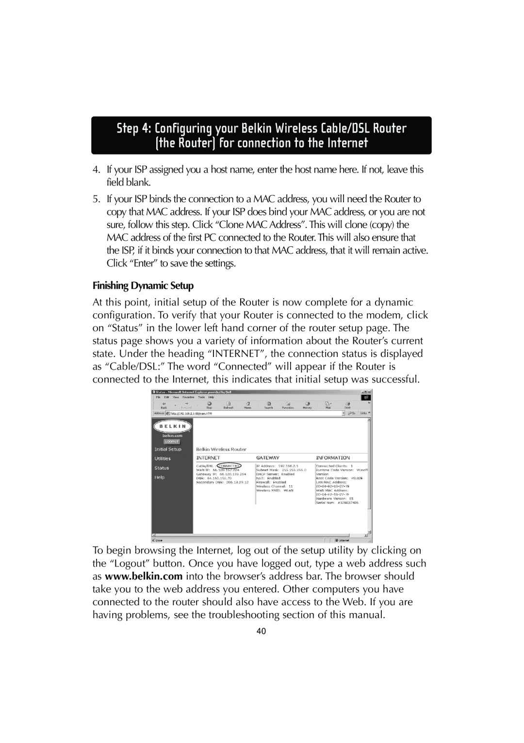 Belkin F506230-3 user manual Finishing Dynamic Setup 