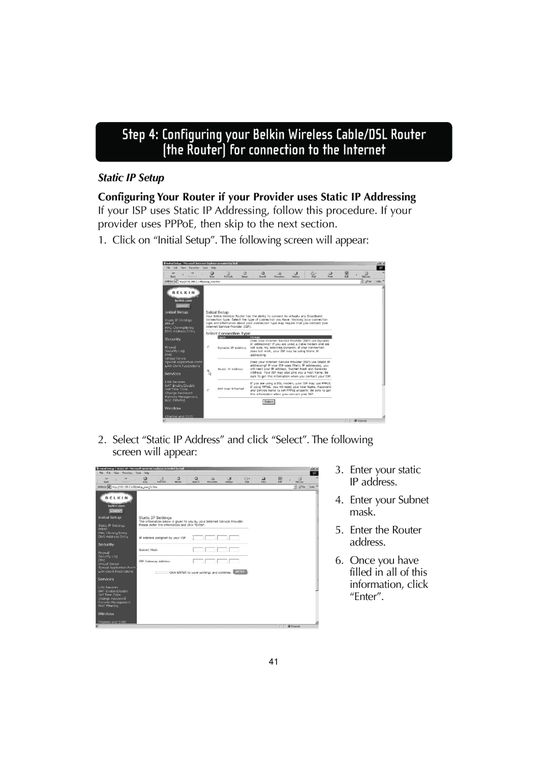 Belkin F506230-3 user manual Static IP Setup 