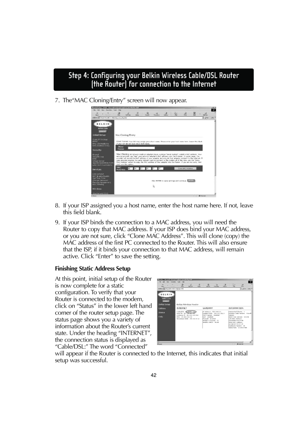 Belkin F506230-3 user manual Finishing Static Address Setup 