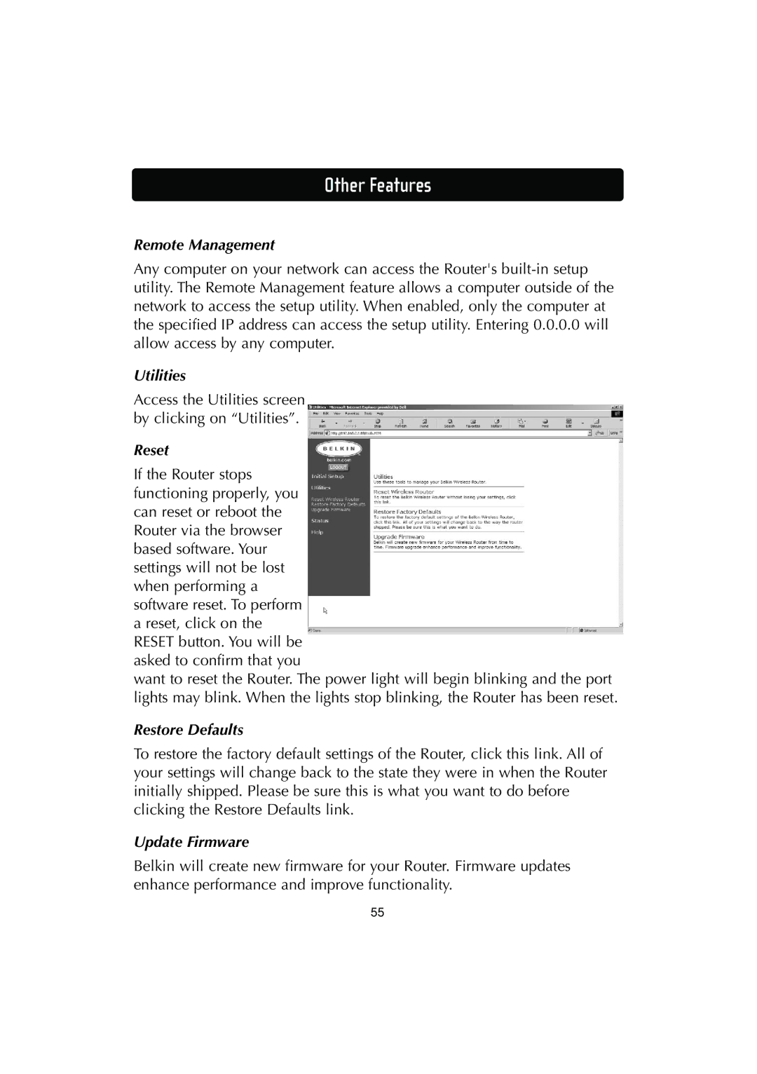 Belkin F506230-3 user manual Remote Management, Utilities, Reset, Restore Defaults, Update Firmware 