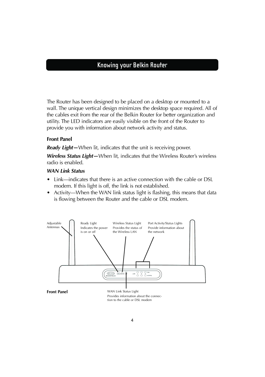 Belkin F506230-3 user manual Knowing your Belkin Router, Front Panel, WAN Link Status 