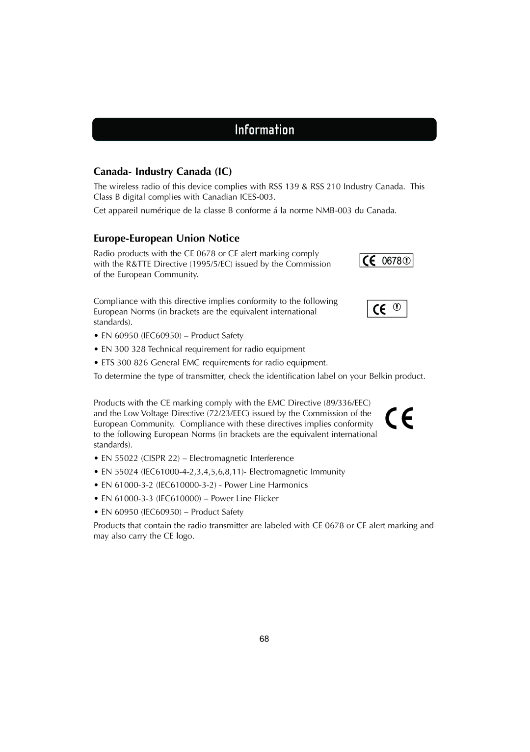 Belkin F506230-3 user manual Canada- Industry Canada IC, Europe-European Union Notice 