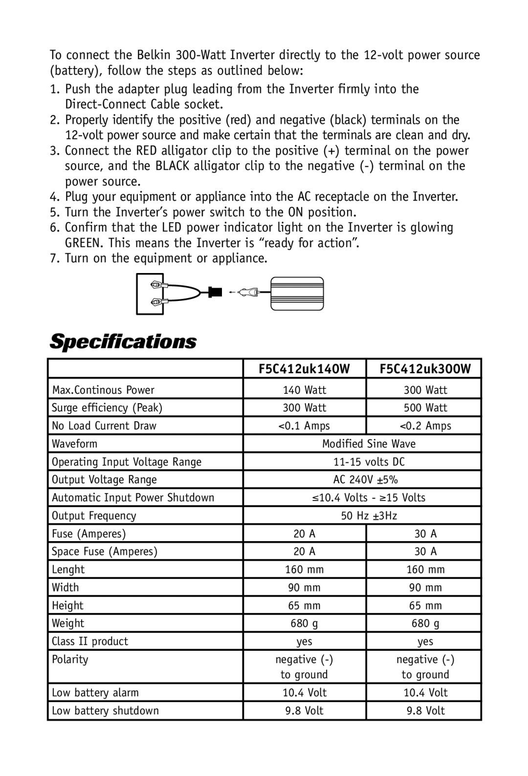 Belkin F5C412uk300W user manual Specifications, F5C412uk140W 