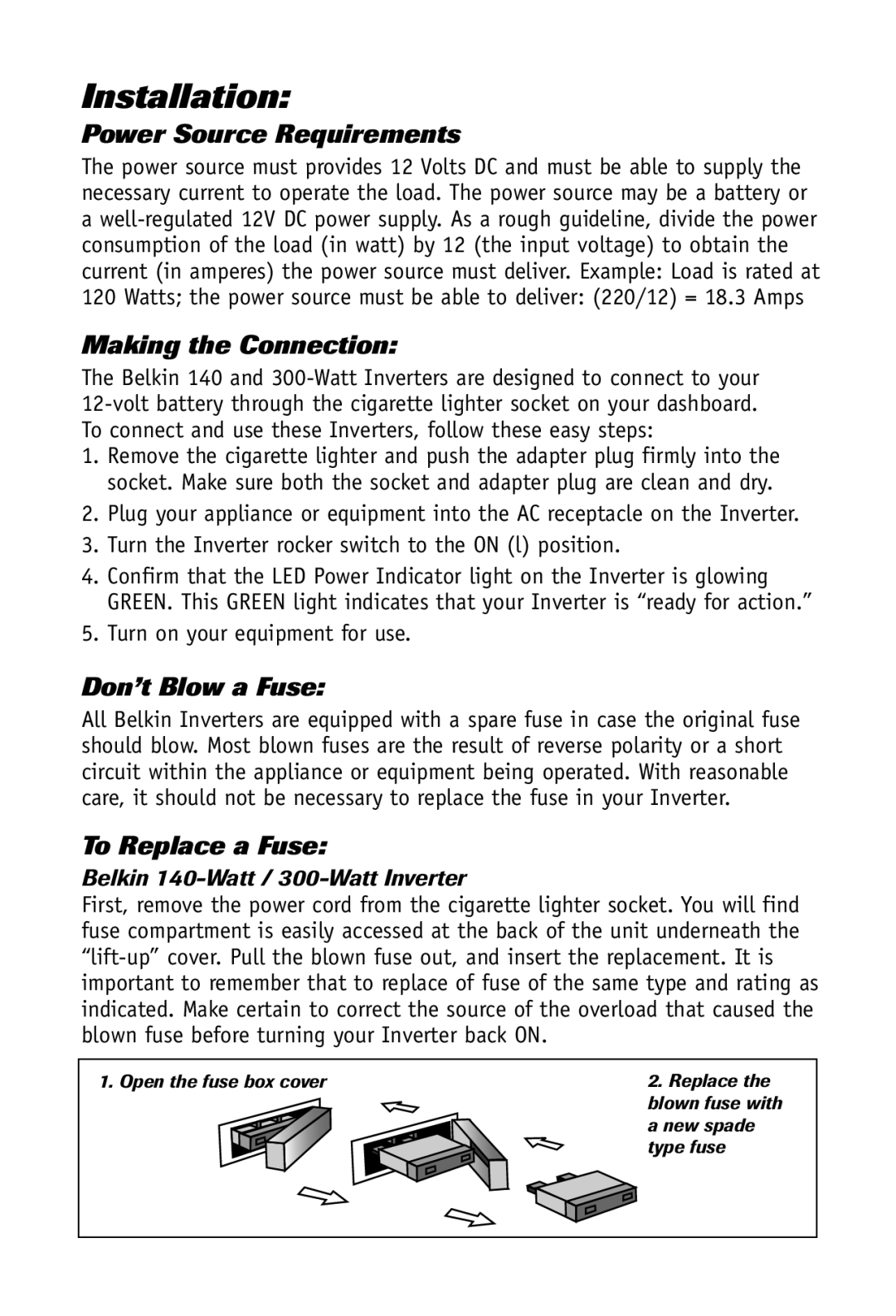 Belkin F5C412uk140W Installation, Power Source Requirements, Making the Connection, Don’t Blow a Fuse, To Replace a Fuse 