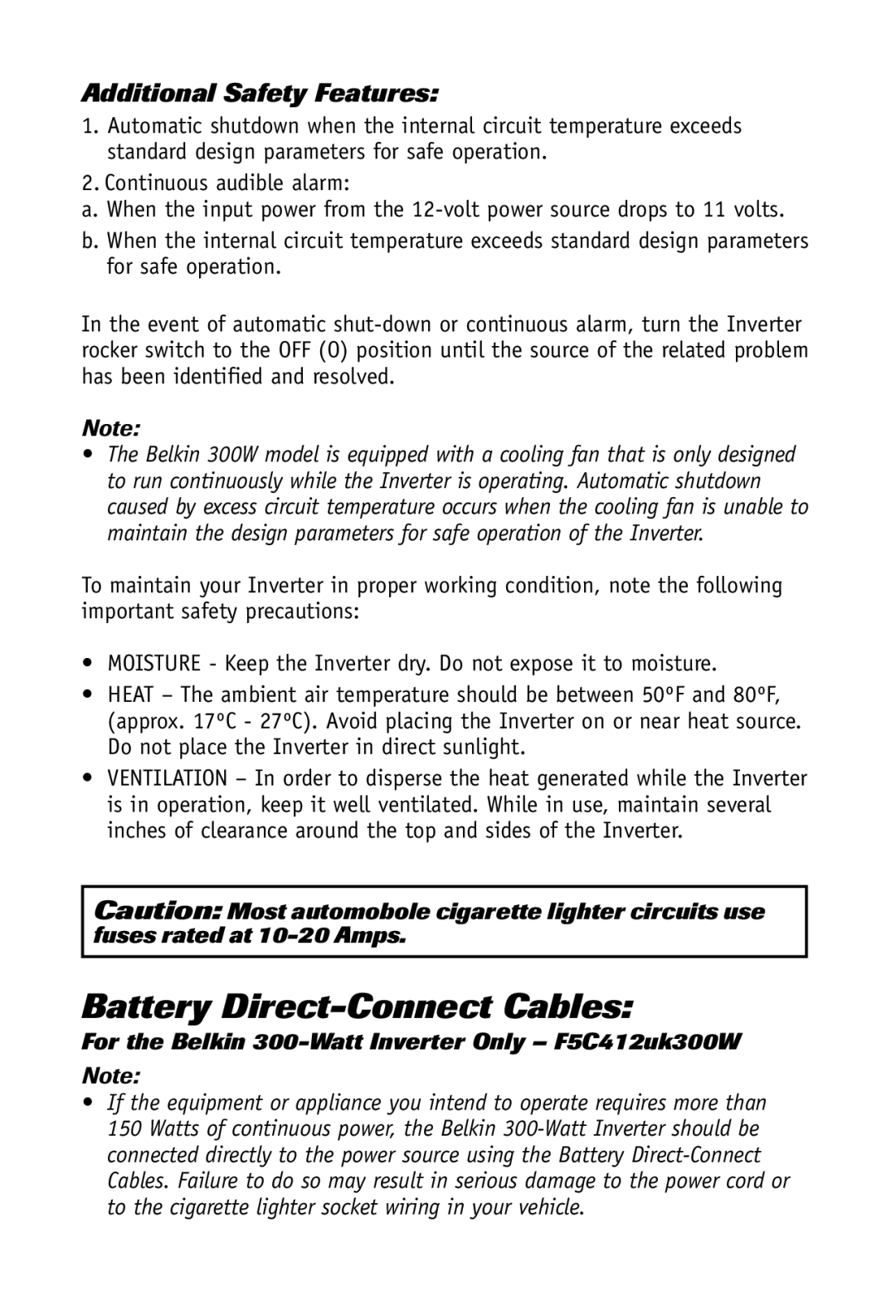 Belkin F5C412uk140W, F5C412uk300W user manual Battery Direct-Connect Cables, Additional Safety Features 