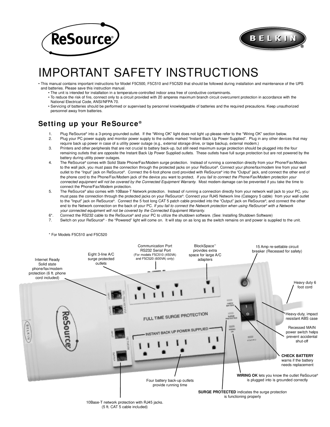 Belkin F5C520, F5C510 important safety instructions Important Safety Instructions 