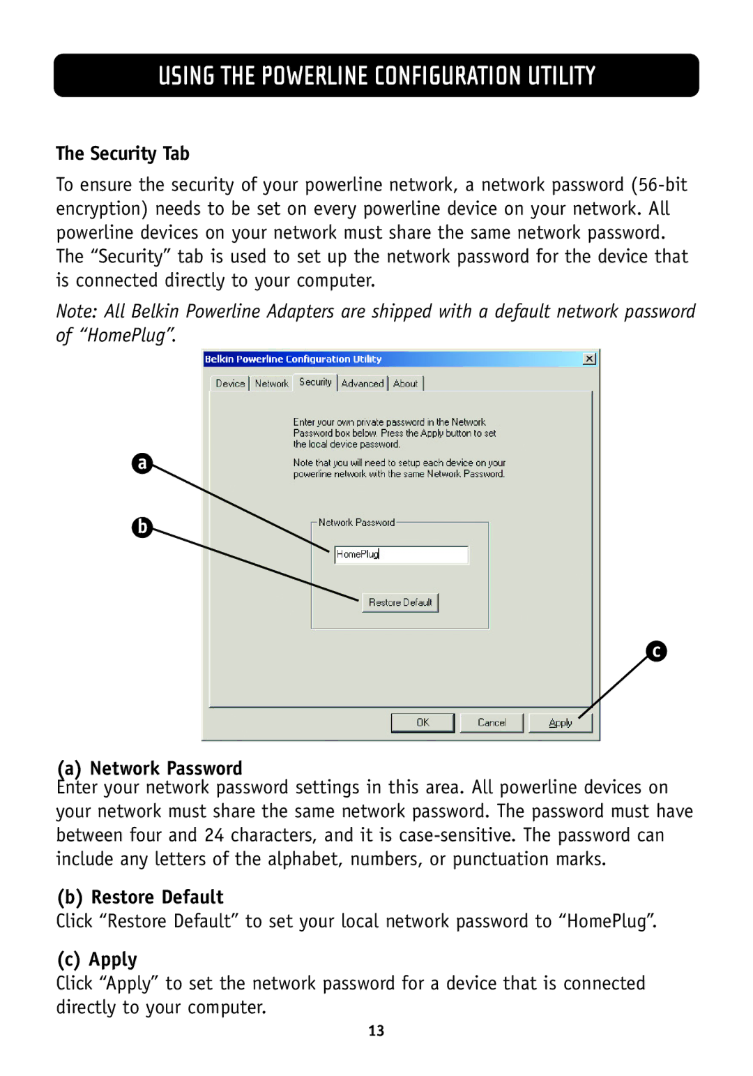 Belkin F5D4070, F5D4050 manual Security Tab, Network Password, Restore Default, Apply 