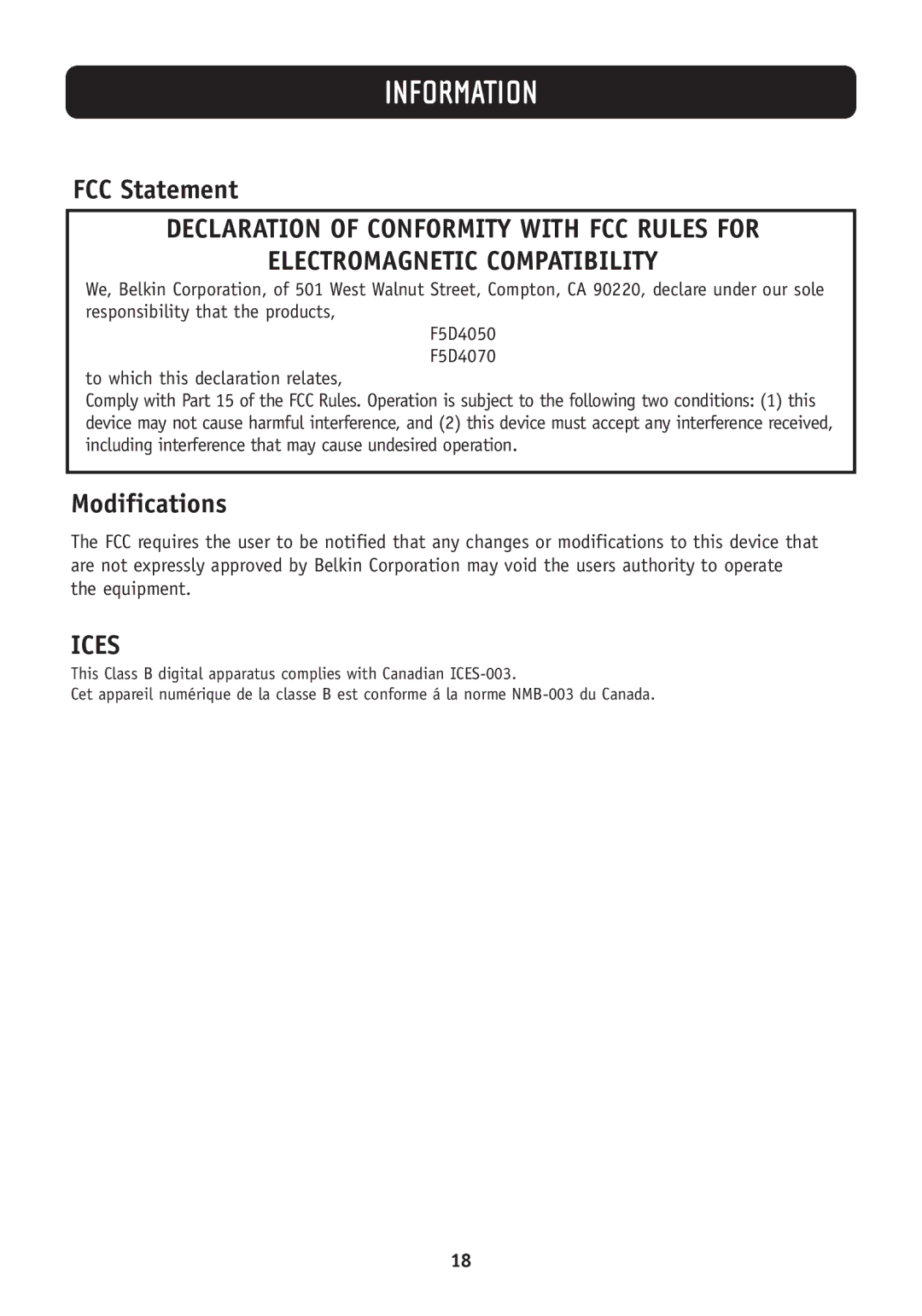 Belkin F5D4050, F5D4070 manual FCC Statement, Modifications 