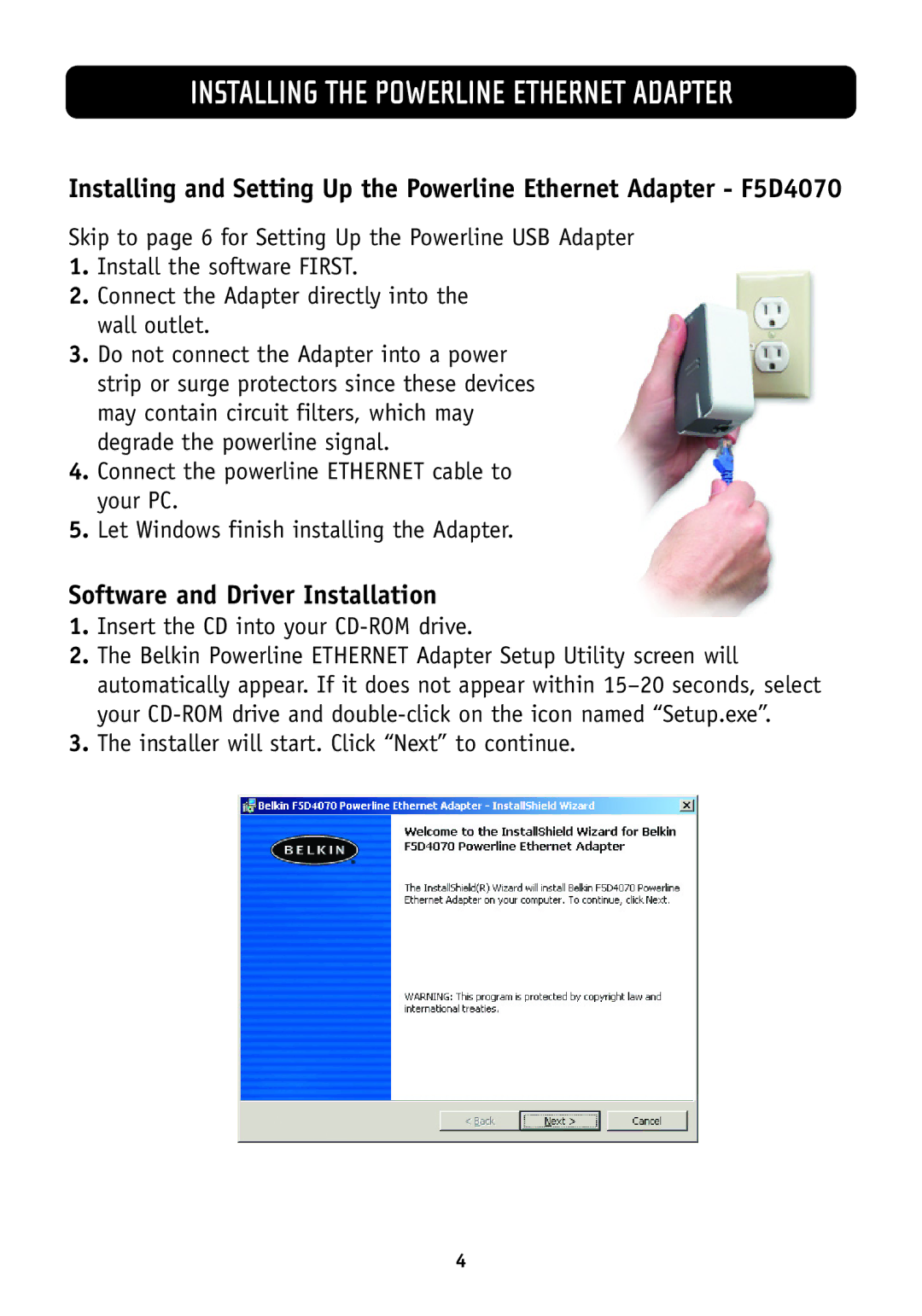 Belkin F5D4050, F5D4070 manual Installing the Powerline Ethernet Adapter, Software and Driver Installation 