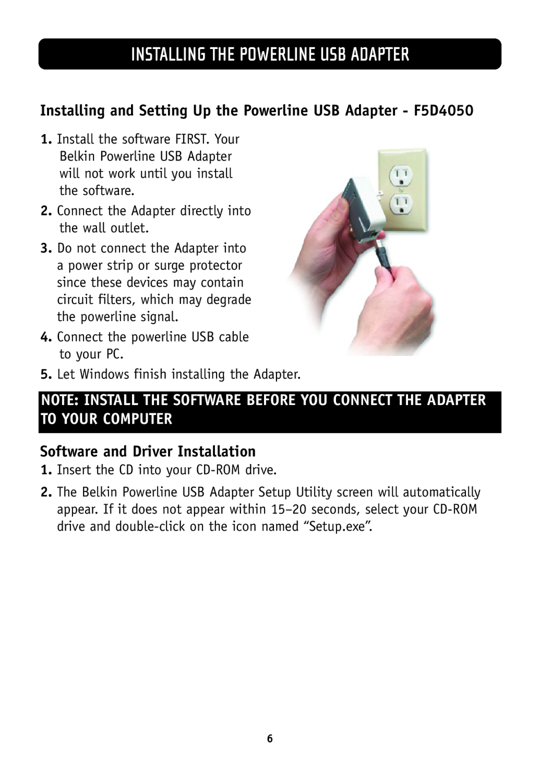 Belkin F5D4070 manual Installing the Powerline USB Adapter, Installing and Setting Up the Powerline USB Adapter F5D4050 