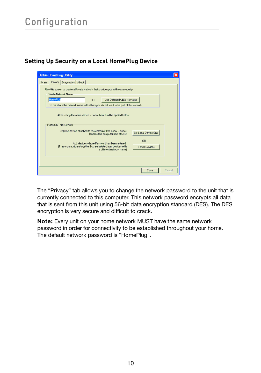 Belkin F5D4071 user manual Setting Up Security on a Local HomePlug Device 